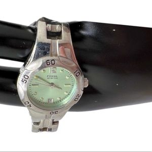Silver Designer Classic Link Analog Watch w light green circular face by Fossil
